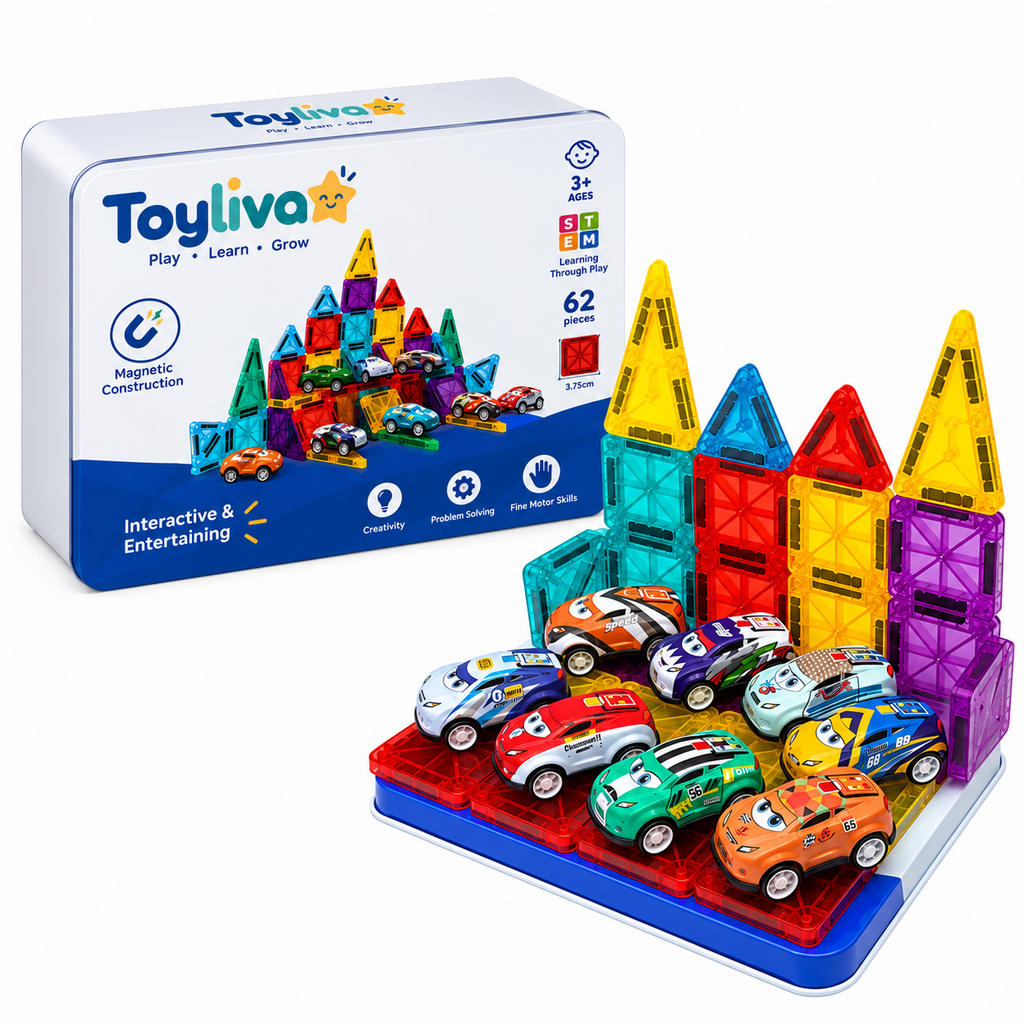 Toyliva Magnetic Tiles Building Set, 62 Pieces, 8 Cars, Storage Tin, STEM Toy, Ages 3+