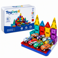 Toyliva Magnetic Tiles Building Set, 62 Pieces, 8 Cars, Storage Tin, STEM Toy, Ages 3+