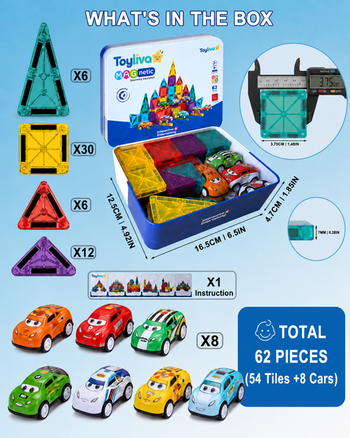 Toyliva Magnetic Tiles Building Set, 62 Pieces, 8 Cars, Storage Tin, STEM Toy, Ages 3+
