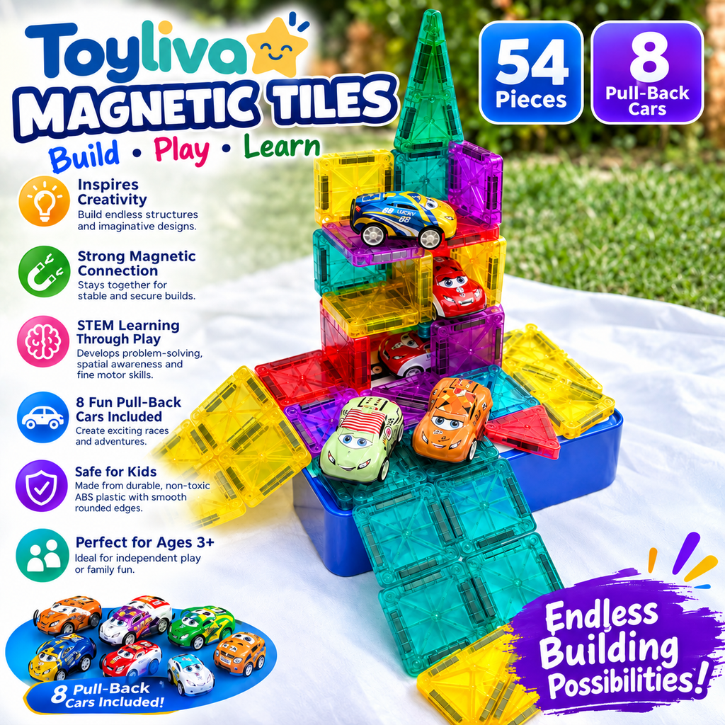 Toyliva Magnetic Tiles Building Set, 62 Pieces, 8 Cars, Storage Tin, STEM Toy, Ages 3+