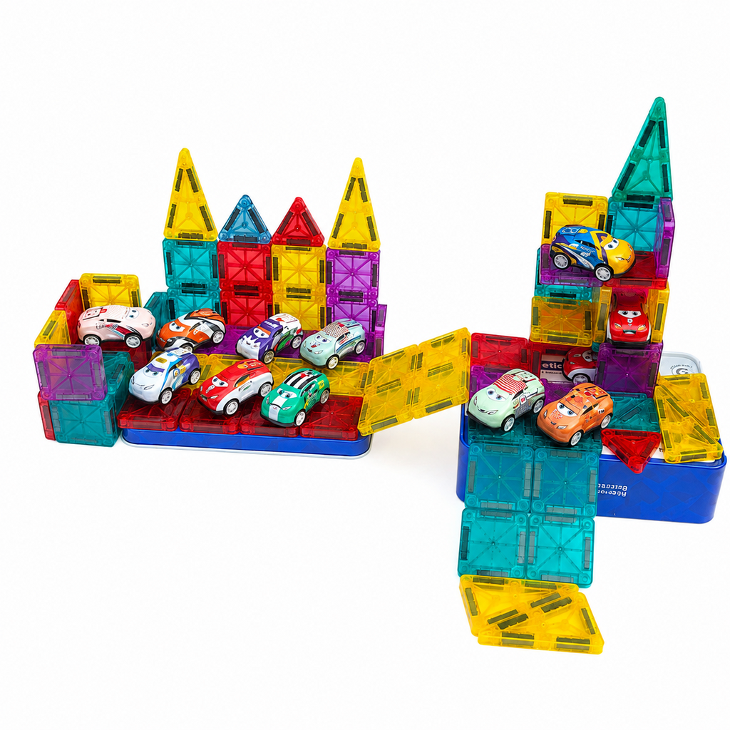Toyliva Magnetic Tiles Building Set, 62 Pieces, 8 Cars, Storage Tin, STEM Toy, Ages 3+