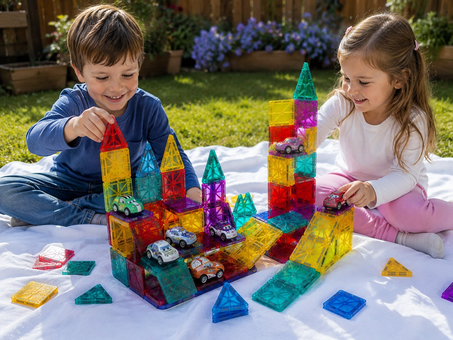 Toyliva Magnetic Tiles Building Set, 62 Pieces, 8 Cars, Storage Tin, STEM Toy, Ages 3+